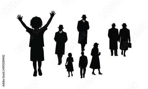 Vintage style people silhouette vector set featuring jumping child and elegant walking folk