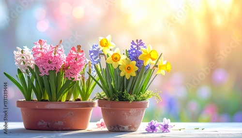 Colorful pringtime daffodils and hyacinths flowers in pot on pastel background in sunlight. 