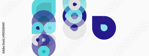 Abstract design features overlapping circles, varying shades blue, purple, white. Minimalist composition, clean aesthetic. Modern graphic element.
