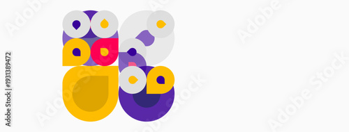 Abstract circles, purple, yellow, white overlap creating playful composition. Minimalist design, bright colors, simple shapes dominate image.