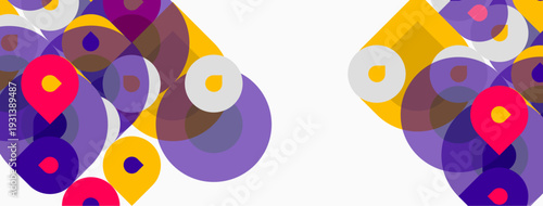 Abstract circles overlap, creating vibrant patterns. Yellow, purple, pink hues dominate white background. Modern design element.