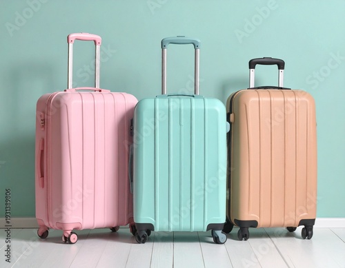 Three colorful pastel suitcases lying one on another isolated on mint wall background. 