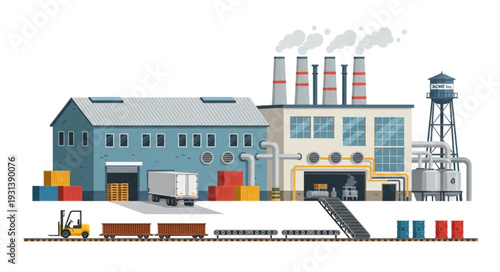 Industrial Factory with Warehouse and Machinery.