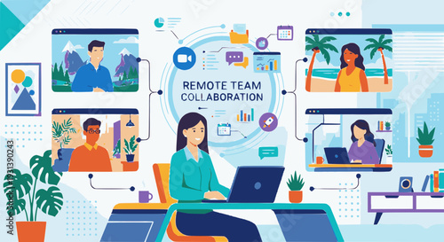 Remote Team Collaboration and Online Meeting Concept, Business People Working from Home via Video Conference