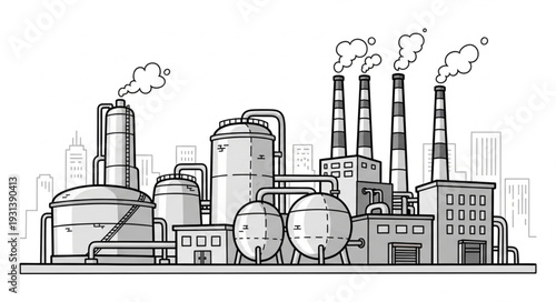 Industrial Factory with Smokestacks and Tanks.