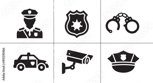 Police icons set including officer, badge, and handcuffs