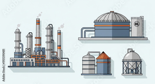 Industrial factory complex with storage tanks and chimneys.
