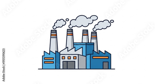 Industrial Factory with Smokestacks Emitting Smoke.