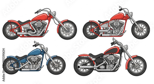 Four Custom Chopper Motorcycles Displayed Side By Side.