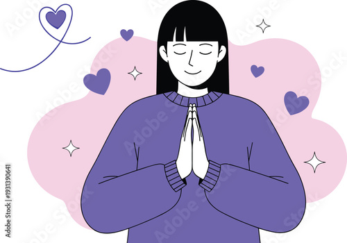 Woman Meditating with Hearts Mindfulness Self Care and Inner Peace Vector Illustration