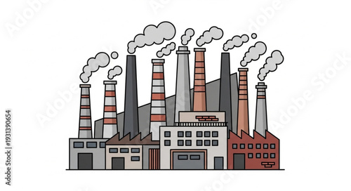Industrial Factory with Smokestacks Emitting Smoke.