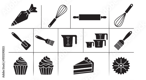 Black silhouettes of baking tools and desserts on white background