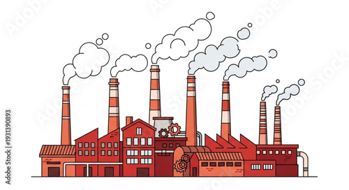 Industrial Factory with Smokestacks Emitting Smoke.