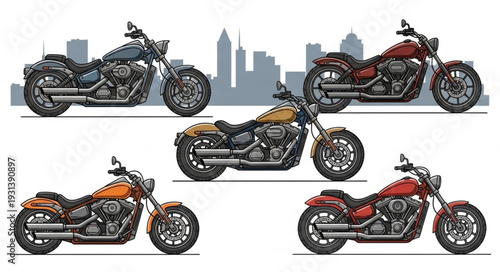 Collection of Five Custom Cruiser Motorcycles in Various Colors.