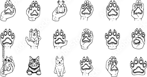 Collection of hand-drawn illustrations featuring human hands holding various animal paws and small pets like dogs and cats, symbolizing care and connection in black and white line art.