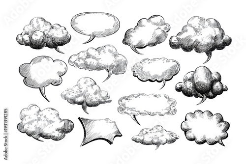 A set of clouds with speech bubbles drawn on them. The clouds are of various sizes and shapes, and the speech bubbles are scattered throughout the image. Scene is whimsical and playful, png