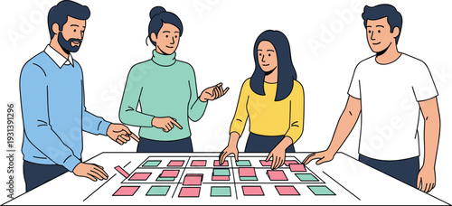 Business Team Planning Strategy with Kanban Board Project Management Meeting Vector Illustration