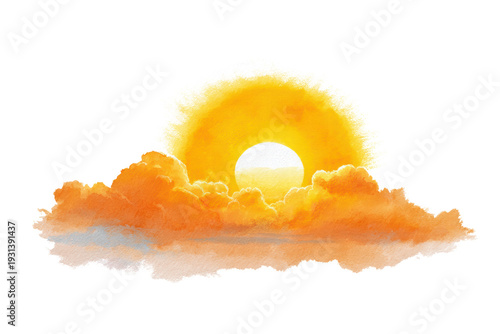 A painting of a sun with clouds in the background. The sun is yellow and the clouds are orange. The painting has a warm and peaceful feeling to it, png