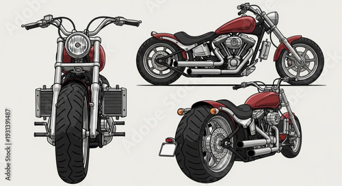 Three views of a custom red motorcycle on a white background.