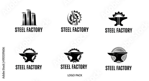 Collection of steel factory logos and icons.
