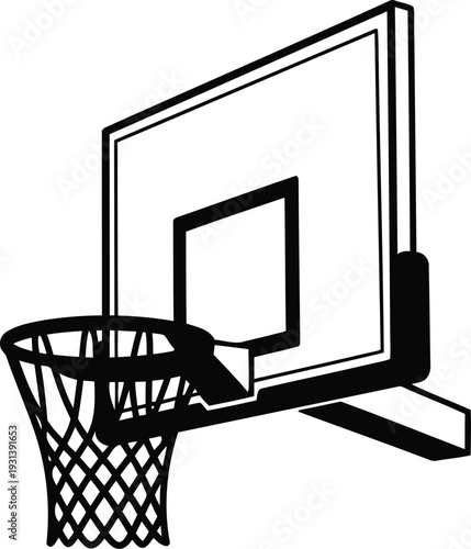 Simple black and white line drawing of a basketball hoop with a backboard and net.