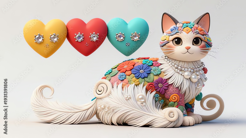 Obraz premium A cute cat with bright eyes and a vibrant floral heart pattern