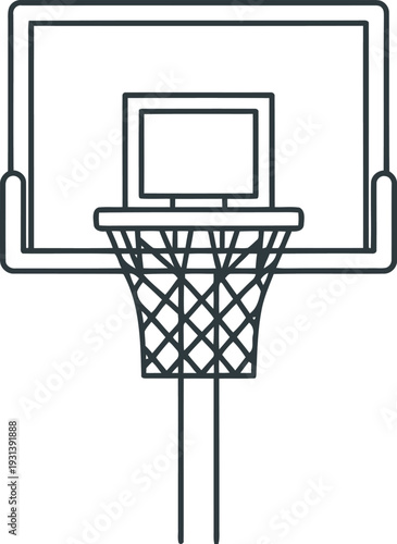 Simple line art illustration of a basketball hoop with a backboard and net on a white background