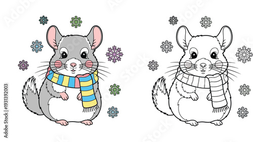 Cute winter chinchilla wearing a striped scarf with snowflakes. Vector illustration featuring colored version and black and white outline for coloring book page.