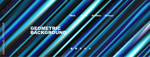 Abstract geometric background. Diagonal lines create dynamic visual effect. Navigation menu present, text reads work, about etc.