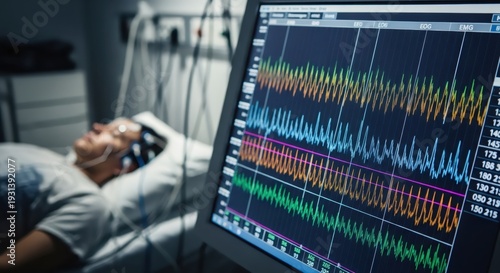 Woman undergoing medical examination with brain activity visible on monitor. EEG procedure for neurological research and sleep study.