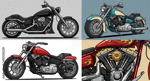 Collection of detailed motorcycle illustrations in various styles.