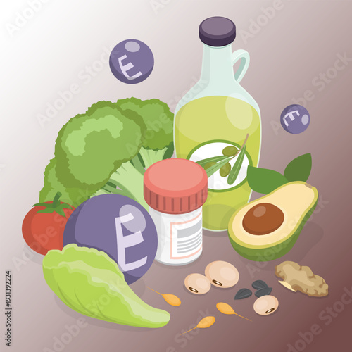 Vitamin E food sources. Healthy natural eating concept. Oil, nuts, tomato, avocado, broccoli, lettuce, soybeans, seeds, supplements. Simple 3d flat isometric vector illustration.
