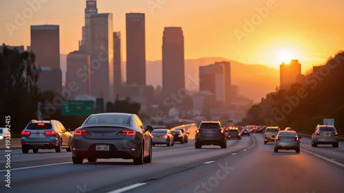 Cars inching forward on a gridlocked highway at sunset, brake lights forming a glowing red river through smog-filled air — rush hour traffic congestion, metropolitan stress, and modern