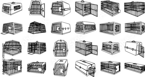 Diverse Collection of Pet Carriers: Line Art Illustration