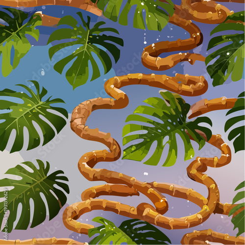 Seamless tropical pattern with winding liana vines and monstera leaves.