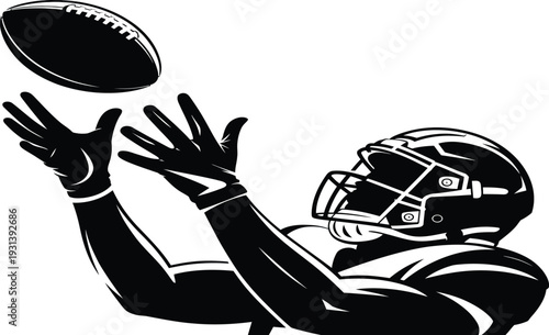 Black and white illustration of a football player catching a ball while wearing a helmet and gloves