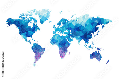 A blue and white world map with a blue triangle on the top right corner. The map is made up of triangles and is very colorful, png