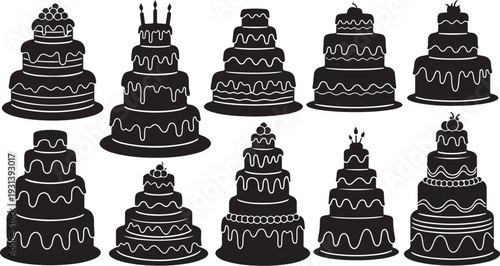 Collection of black and white wedding cakes illustrations
