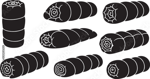 Black and white illustration of rolled up sushi pieces