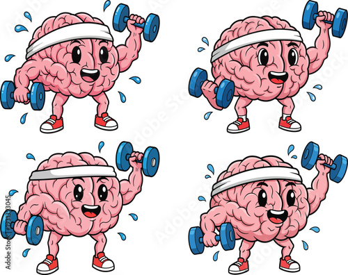Cartoon brain characters lifting dumbbells with sweatbands and sneakers, fun mental fitness illustration symbolizing brain training, exercise, health, and cognitive strength