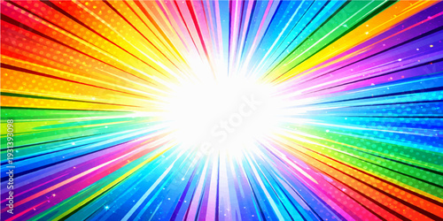 Abstract colorful rainbow background with bright sunburst rays and a vector star pattern creates a glowing light beam illustration for an artistic backdrop