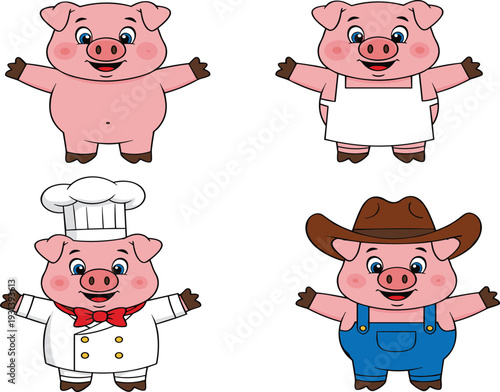 Cartoon pigs dressed as chef, farmer, butcher, and plain pig character, fun anthropomorphic animal illustration representing professions, children’s educational artwork