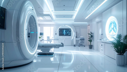 Futuristic medical technology interior style advanced hospital MRI scanning room for healthcare innovation background with copy space