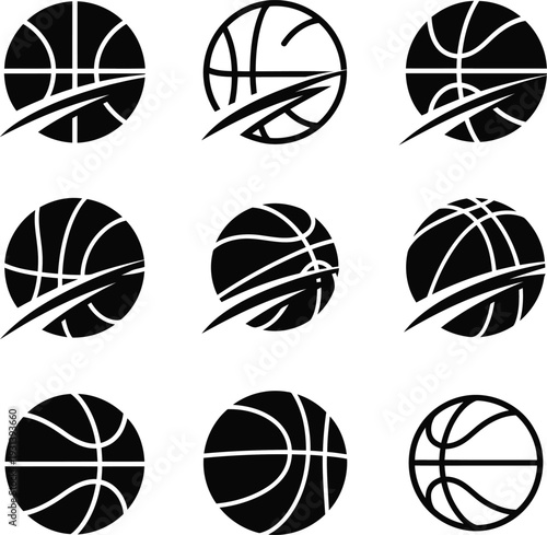 Collection of black and white basketball logo designs with motion swoosh elements