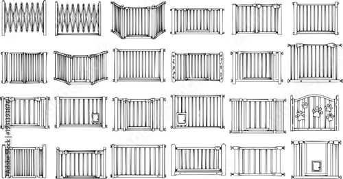 Detailed Line Art Vector Set: Assortment of Pet and Baby Safety Gates, Including Expandable, Curved, and Pressure Mount Designs