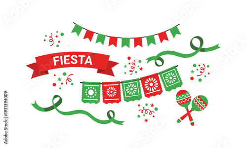 Fiesta celebration banner with garlands confetti ribbons and maracas vector illustration