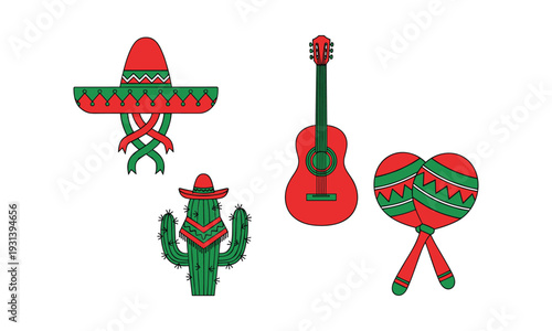 Mexican themed vector illustration with sombrero, cactus, guitar, maracas, red green