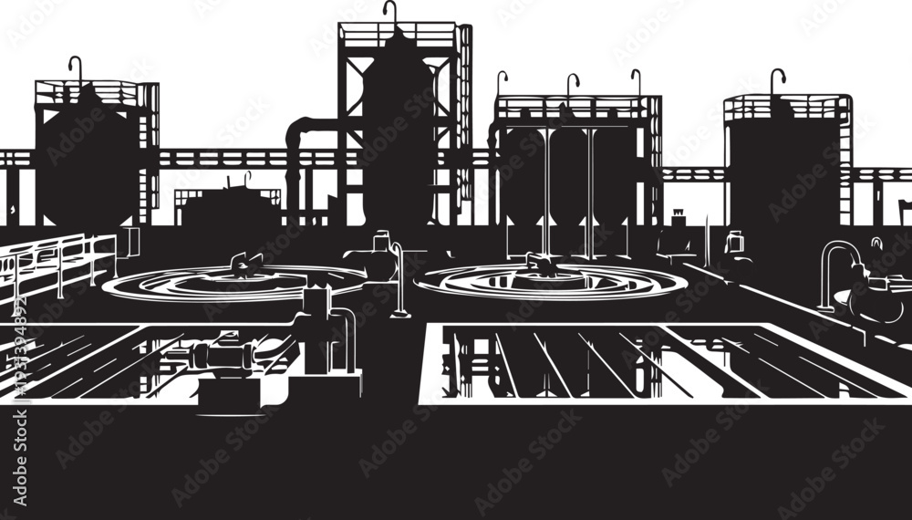 Obraz premium Industrial water treatment plant silhouette illustration vector line art facility