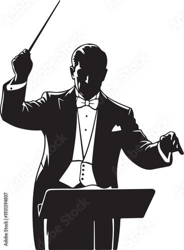 Conductor Leading Orchestra with Baton in Formal Attire Silhouette