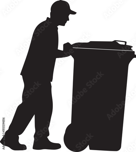 Garbage man silhouette vector illustration pushing waste bin trash container and line art